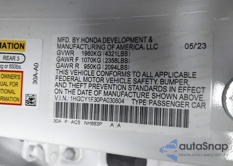 2023 Honda Accord Ex z USA, uszkodzony, nr VIN 1HGCY1F30PA030604